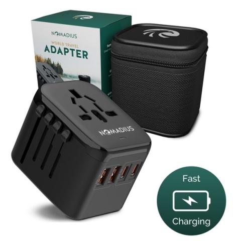 Nomadius® Wereldstekker - Fast Charging - Reisstekker - 2 USB-C en 2 USB - 170+ Landen - Universeel - Amerika (USA) - Engeland (UK) - Australië - Azië - Zuid Amerika - Europa - Italië - Afrika - Wereldstekkers - Zwart