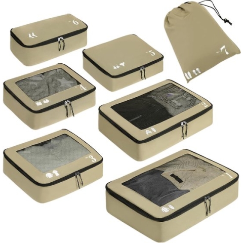 Koffer Organizer Packing Cubes 7-delige koffer-organizerset, pakkubussen, PET-gerecyclede paktassen voor koffer, kofferorganizer voor rugzak, schoenentas, kledingtassen voor koffer (kaki)