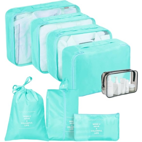 Kofferorganizer, pakkubussenset, 8-delig, reisorganizers, lichte kofferorganizer, reistas, paktassen, rugzak voor kleding, schoenen, ondergoed, cosmetica, lichtgroen