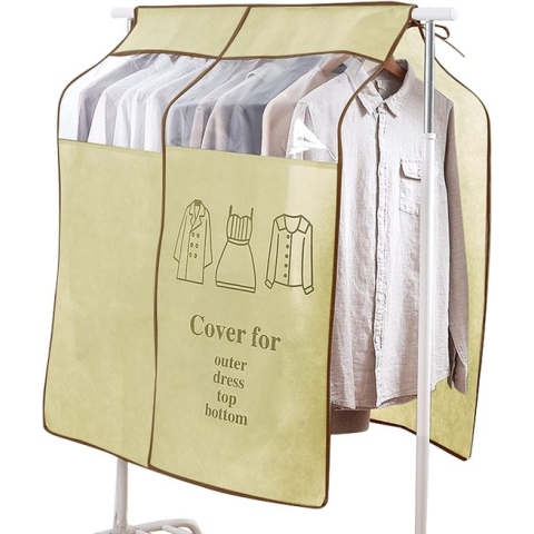 Kledinghoes stofdicht 120 x 120 cm beige kledingafdekking stof- en vochtbestendig kledingrek met transparant kijkvenster design