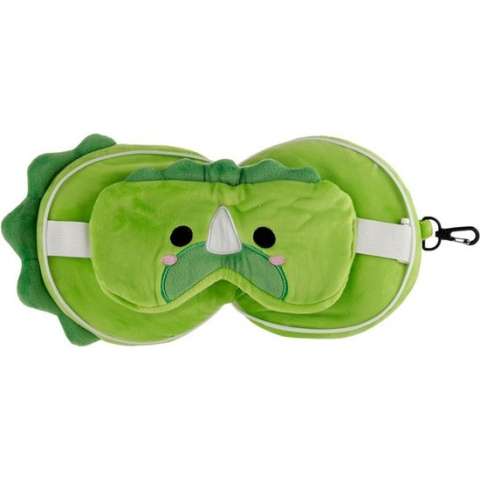 Relaxeazzz Dinosaurus Rond Reiskussen & Slaapmasker - Hoogte 17cm Breedte 14cm Diepte 10cm Open 14x28x7cm