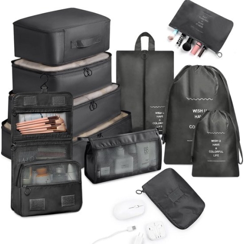 Kofferorganizer, 11 stuks, Packing Cubes, Lichtgewicht reisbagage-organizer, Ruimtebesparend, Waterdicht, Ruimtebesparend, Packing Cubes voor koffers, Reisorganisator, Zwart