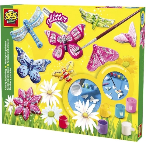 SES - Gieten en schilderen - Vlinders en glitter - sneldrogend - met vormpjes, gips, verf, penseel en glitters