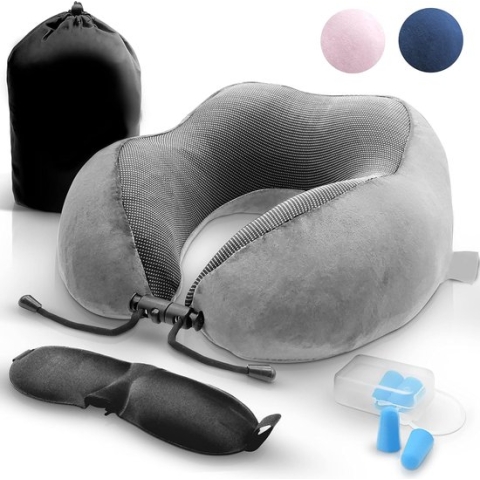 Tachtig nekkussen, orthopedisch nekkussen, slaapgeheugenschuim voor vliegtuigbustrein, met slaapmaskers en draagtas reiskussen (grijs)