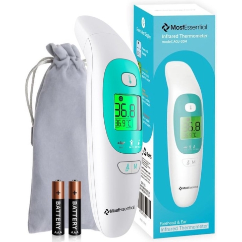 MostEssential Premium Koortsthermometer - Oorthermometer - Infrarood Thermometer - Thermometer Voorhoofd - Thermometer Lichaam - Koortsthermometer voor Volwassenen, Kinderen en Baby's - Contactloos - 20M