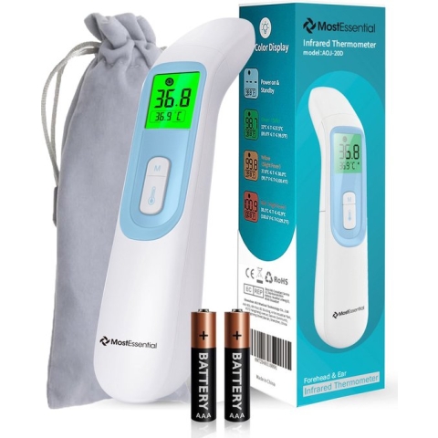 MostEssential Premium Koortsthermometer - Oorthermometer - Infrarood Thermometer - Thermometer Voorhoofd - Thermometer Lichaam - Koortsthermometer voor Volwassenen, Kinderen en Baby's - Contactloos - 20D