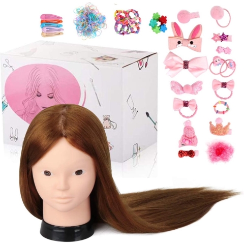 23.5 inch 80% Echt Menselijk Haar Training Hoofd Cosmetologie Make-up Kappers Etalagepop Dummy Pop Hoofd met Tafelklemhouder + DIY Haarstyling Vlecht Set, Lichtbruin
