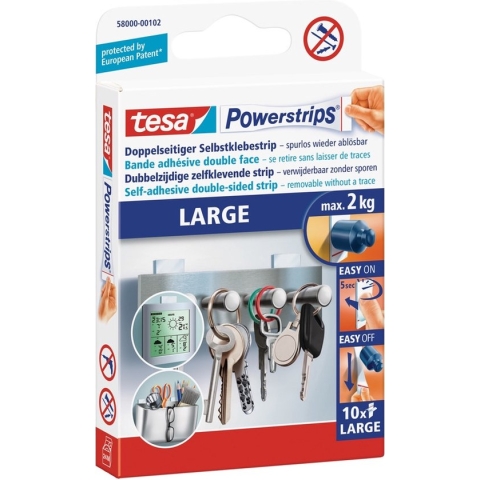 Tesa powerstrips - Zelfklevende strip - Dubbelzijdig - Large - 10 stuks - Transparant