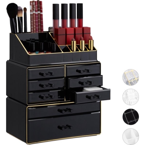Relaxdays make-up organizer - opbergen van cosmetica - acryl - stapelbaar - met lades - zwart-goud