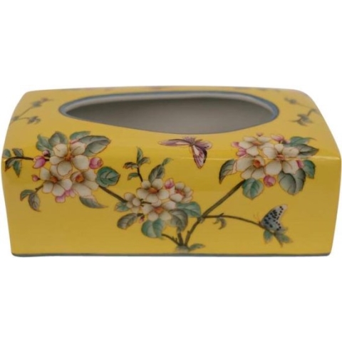 Fine Asianliving Chinese Tissuebox Porselein Geel Bloemen B23xD9xH14cm