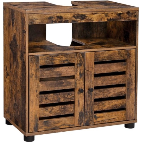Nancy's Gaboury Badkamermeubel - Wastafelonderkast - Uitsparing - Open Vak - Openslaande Deuren - Industrieel - Bruin - Zwart - Bewerkt Hout - 60 x 30 x 63 cm