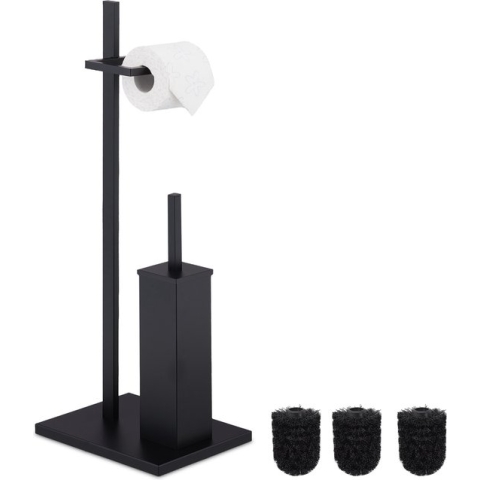 Relaxdays toiletaccessoires set staal - wc rol houder - zwarte toiletborstelhouder staand