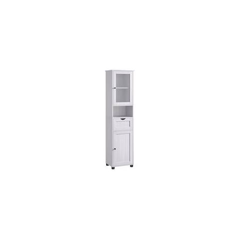 Badkamermeubel, Hoge Kast, Open Vak, Glazen Deur, Smal Badkamermeubel, Badkamermeubel Met Pootjes, Lichtgrijs Met Houtnerf