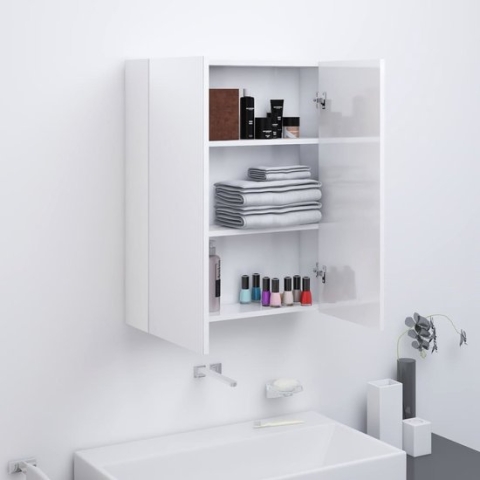 The Living Store Wandspiegelkast - Glanzend wit - MDF met melamine-oppervlak en glas - 60 x 15 x 75 cm - 2 deuren - 3 vakken - draagvermogen 20 kg