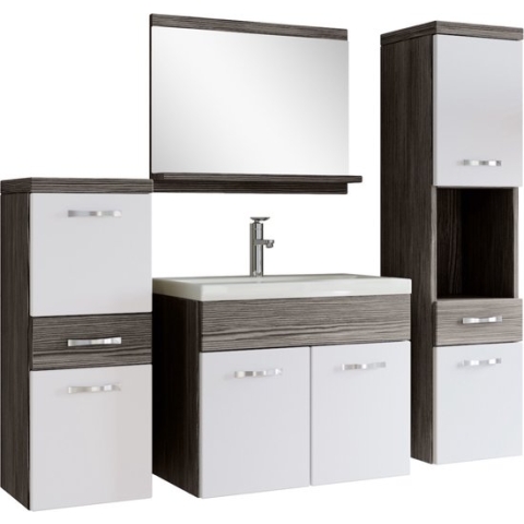 Badplaats Badkamermeubel Set Alba 60 cm x 35 cm - Grijs eiken met wit - Badmeubel met spiegel en zijkasten