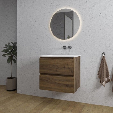 Adema Chaci Badkamermeubelset - 60x46x57cm - 1 keramische wasbak wit - zonder kraangaten - 2 lades - ronde spiegel met verlichting - noten (hout)