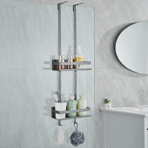 Doucherek om op te hangen, houder voor douche, roestvrij staal, met 2 manden en 2 haken, doucherek zonder boren, houder voor shampoo, douche en douchegel, badkamer, 81,5 x 25 x 10 cm, grijs