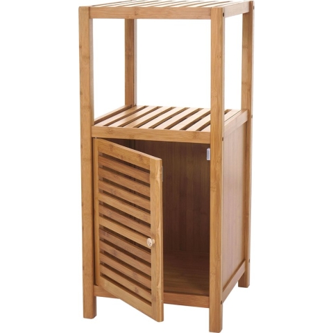 Badkamer plank MCW-B18, badkamer kabinet vloer staande plank met deur, bamboe ~ 80x36x34cm
