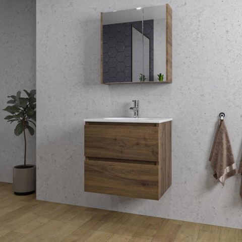 Adema Chaci Badkamermeubelset - 60x46x57cm - 1 ovale keramische wasbak wit - 1 kraangat - 2 lades - Spiegelkast - noten (hout)