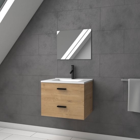 Aurlane badkamermeubel hangend in houtafwerking 60x45x46cm - soft close lades - wastafel en spiegel incl. - BOX-IN 60 WOOD