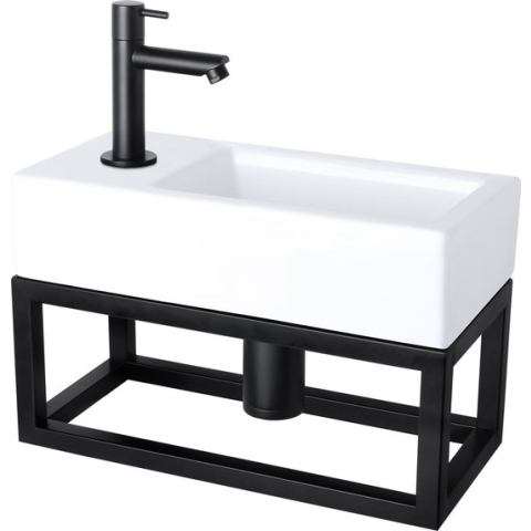 Differnz Helios Fonteinset met Handdoekrek - Kraan Links - Wasbak Keramiek Wit - Kraan Mat Zwart - Standaard Greep - 37.5 x 18.5 x 9.5 cm