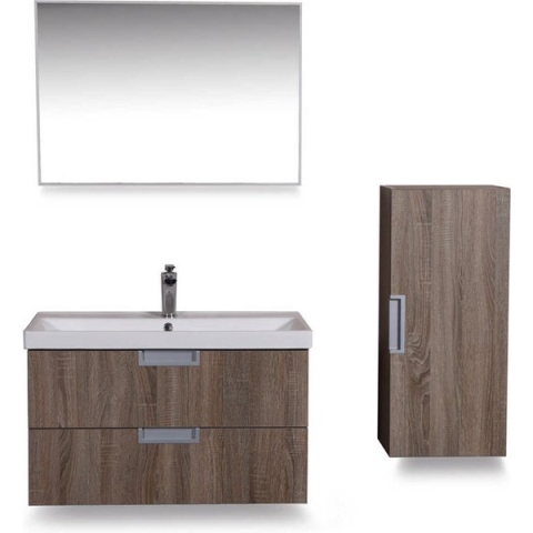 Bally Badmeubel 80cm Met Keramische Wastafel En Spiegel En Zijkast Eiken