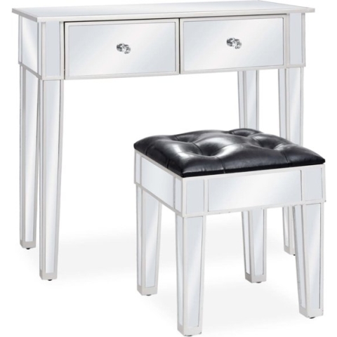 The Living Store Kaptafelset - Gespiegeld glas - MDF frame - 2 lades - Kunstleer - 80x38x76 cm - The Living Store