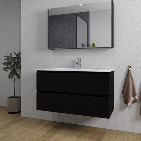 Adema Chaci Badkamermeubelset - 100x46x57cm - 1 ovale keramische wasbak wit - 1 kraangat - 2 lades - Spiegelkast - mat zwart