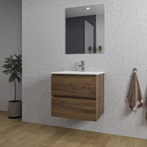 Adema Chaci Badkamermeubelset - 60x46x57cm - 1 keramische wasbak wit - 1 kraangat - 2 lades - rechthoekige spiegel - noten (hout)