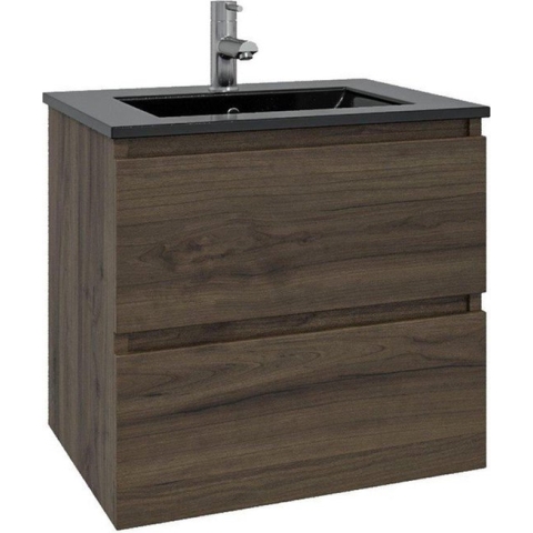 Adema Chaci Badkamermeubelset - 60x46x57cm - 1 keramische wasbak zwart - 1 kraangat - 2 lades - noten (hout)