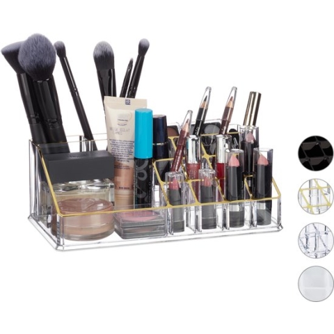 Relaxdays Cosmetica organizer - cosmeticahouder - make up toren - doorzichtig - 16 vakken - goud
