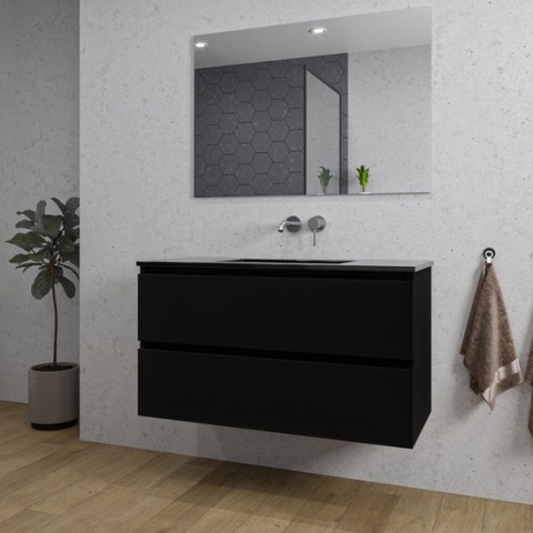 Adema Chaci Badkamermeubelset - 100x46x57cm - 1 keramische wasbak zwart - zonder kraangaten - 2 lades - rechthoekige spiegel - mat zwart