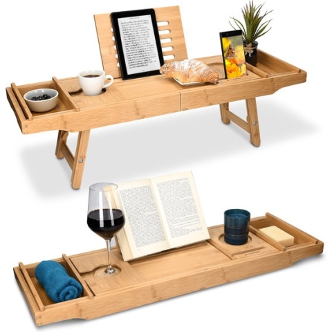 Navaris inklapbaar dienblad van bamboe - Houten ontbijt-op-bed-dienblad- Verstelbare lengte 75-108 cm - Voor op bed in en in bad