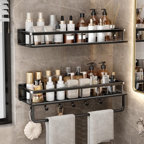 Doucheplank zonder boren, 2 stuks, 40 cm, roestvrije organizer, badkamerrek, douche-shampoorek met handdoekhouder en 5 haken, voor slaapkamer, woonkamer en keuken, badkamer, organizer (zwart)
