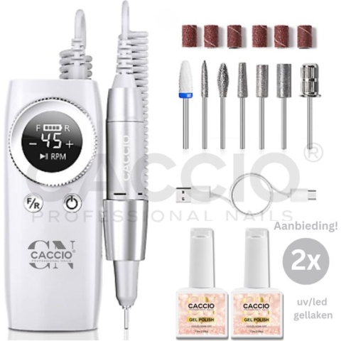 45000 RPM Wireless Nagelfrees - Wit Draadloze Nagelfrees -Inclusief 7 bitjes en 2x15ml UV/LED Gellakken - Krachtig Electrische Nagelvijl - Manicure/pedicure voeten en handen Acrylnagels-Gelnagels - Nagels - Nail Drill Machine - Professioneel