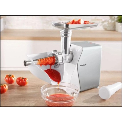 SILVERCREST® Vleesmolen 350W -  Met tomatenzeef opzetstuk - Overzichtelijk soft-touch bedieningspaneel -  Inclusief vulschaal met stopper, 3 gatenschijven (grof, middel, fijn), worst-stop-opzetstuk, kebbe-opzetstuk, RVS gebakopzetstuk met 4 motieven