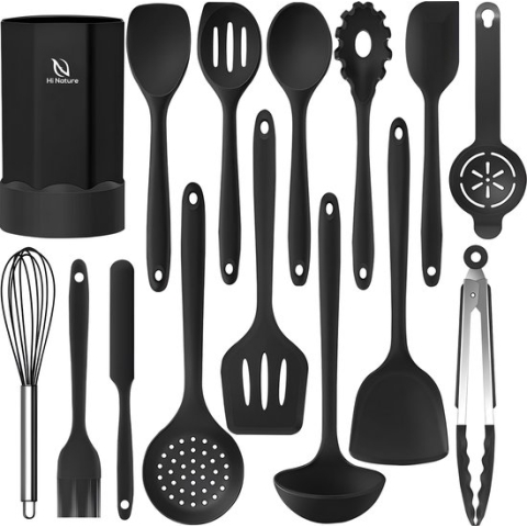 HI NATURE™ Keukengerei Set met Houder 15 delig - Siliconen spatels - Spatelset - Keukenspatel | Pannenlikker, Bakspaan, Garde, Bakkwast, Pastalepel, Bakspaan, Schuimspaan | Hittebestendig - BPA vrij | Anti-aanbak - Keuken Gerei (Zwart)