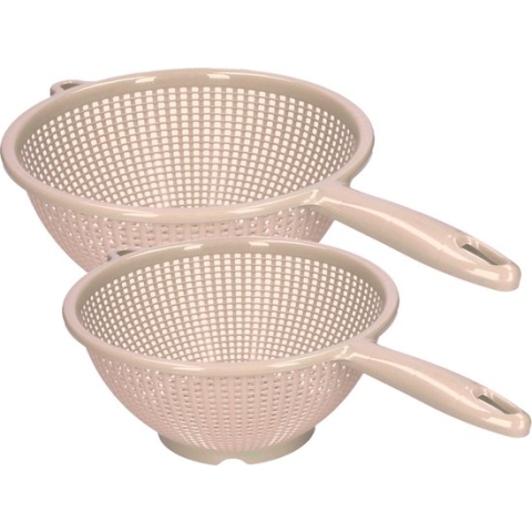 Plasticforte Keuken vergieten/zeef met steel - 2x stuks - kunststof - Dia 22/24 cm - beige
