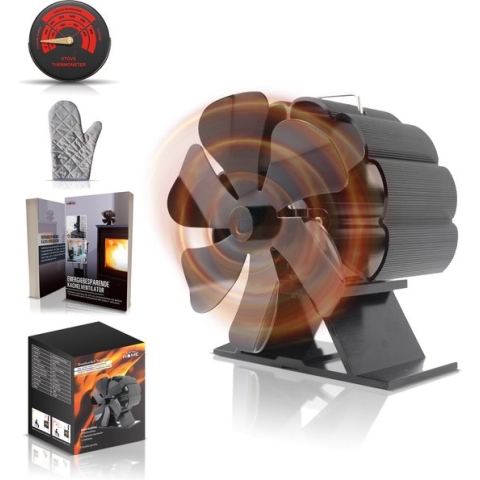 LotaHome - Houtkachelventilator - Haardventilator - Kachelventilator - Duurzaam & Milieubewust - Energiebesparend - COMBI DEAL - Inclusief Thermometer, Kachelhandschoen en E-book - Houtkachel Warmte Verspreider - Bewezen Effectief