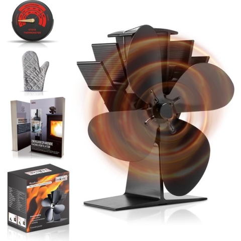 LotaHome - Houtkachelventilator - Haardventilator - Energie Besparen - Ecofan - COMBI DEAL - Inclusief Thermometer & Handschoen - Kachelventilator - Houtkachel Warmte Verspreider - Duurzaam - Houtkachels, Pelletkachels, Gaskachels en Speksteenkachels