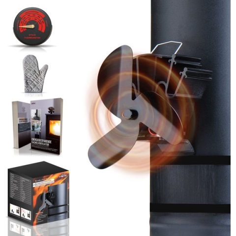 LotaHome - Kachelventilator - Hangend - Haardventilator - EcoFan - Inclusief Thermometer, Kachelhandschoen, Bevestigingsmateriaal en E-book - Houtkachelventilator - Duurzaam, Efficiënt en Milieubewust - Houtkachel Warmte Verspreider