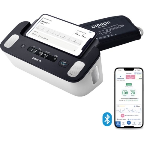OMRON COMPLETE – Smart Bloeddrukmeter Bovenarm – Aanbevolen door Hartstichting - ECG Monitor - Klinisch Gevalideerd - met Mobiele App – XL Scherm Display - 22 tot 42 cm Manchet – 5 jaar Garantie – Bloeddrukmeter, Hartslagmeter, ECG-meter in één