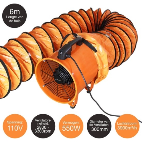 MAXBLAST 550 W 110V Professionele Ventilator + 6 meter opvouwbare slang - Ø 300 mm - 550 W - afzuiger stofafzuiging