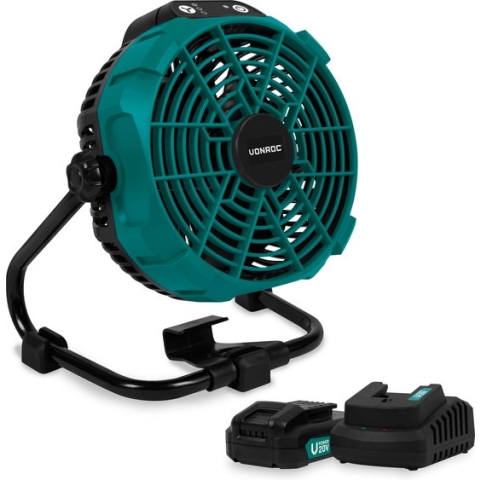 VONROC Ventilator 20V - voor draadloos en bedraad gebruik - Incl. netstroom adapter - Incl. 2x 20V – 2.0Ah accu en snellader