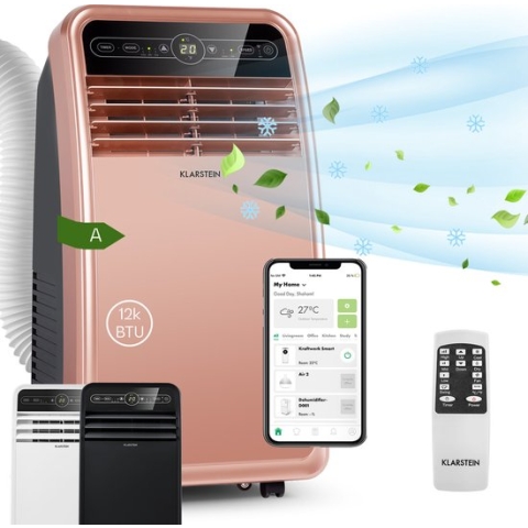 Klarstein -Metrobreeze New York Smart -Airco- 3-In-1 Luchtkoeler- Ontvochtiger- Ventilator & Nachtmodus- Airco Met Afvoerslang- Mobiele Airco Met Accessoires- Airco Voor Ruimtes Tot 59 M²- 12.000 Btu- Roségoud