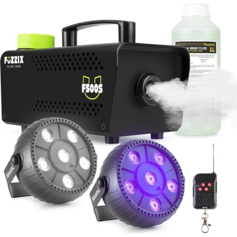 Partyset met Fuzzix F500S Rookmachine - 1L vloeistof - 1x Strobo - 1x Blacklight op accu