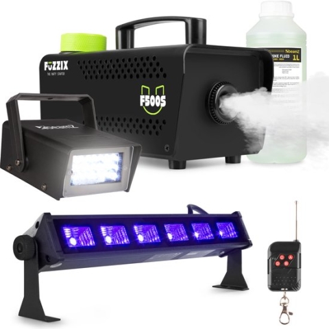 Partyset met Fuzzix F500S Rookmachine - 1L Rookvloeistof - 1x Stroboscoop en 1x Blacklight bar