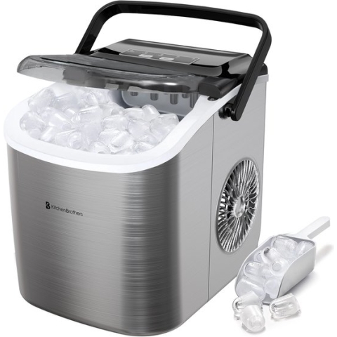KitchenBrothers IJsblokjesmachine - 1.2L - 7-10 min. - 12kg/24u - Draagbaar met Handvat - IJsblokmaker met IJsschep - RVS