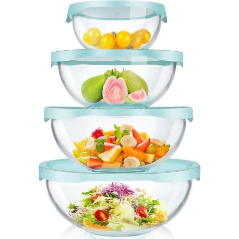 Hoog borosilicaat helder glas mengkommen met deksels Set van 4 (0,5L, 1,4L, 2,4L, 3,3L), Keuken Ruimtebesparende Nestkommen, Grote Glazen Saladekommen voor Bakken, Mixen, Voedselopslag,