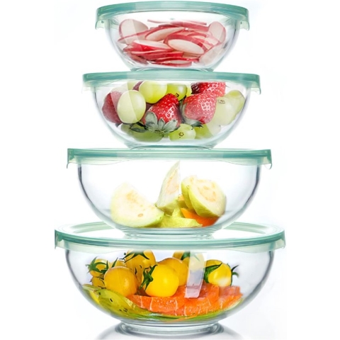 Glazen kom met deksel, set van 4 (0,95 l, 1,5 l, 2,4 l, 3,5 l), grote ronde slakommen, bakkommen, magnetron- en vaatwasmachinebestendig voor mixen, bewaren en serveren